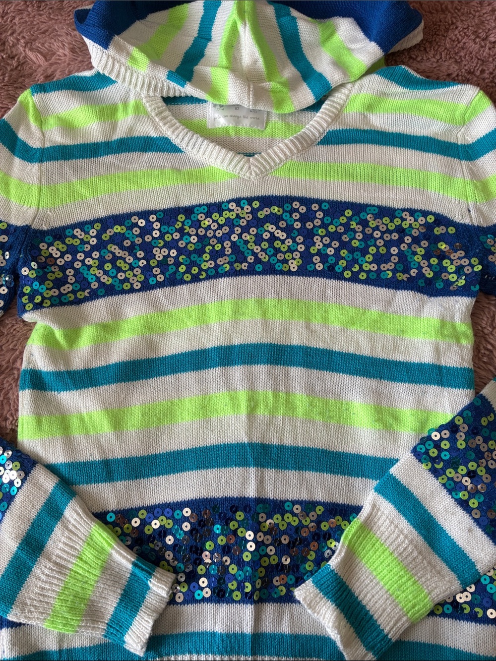 Justice Striped Hooded Sweater in White, Teal & Lime with Sequins